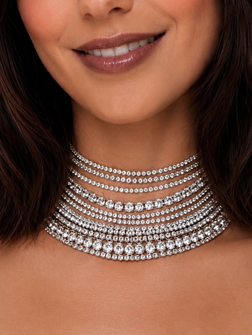 Silver Plated Multilayer Rhinestone Choker | Crystal Statement Collar Necklace